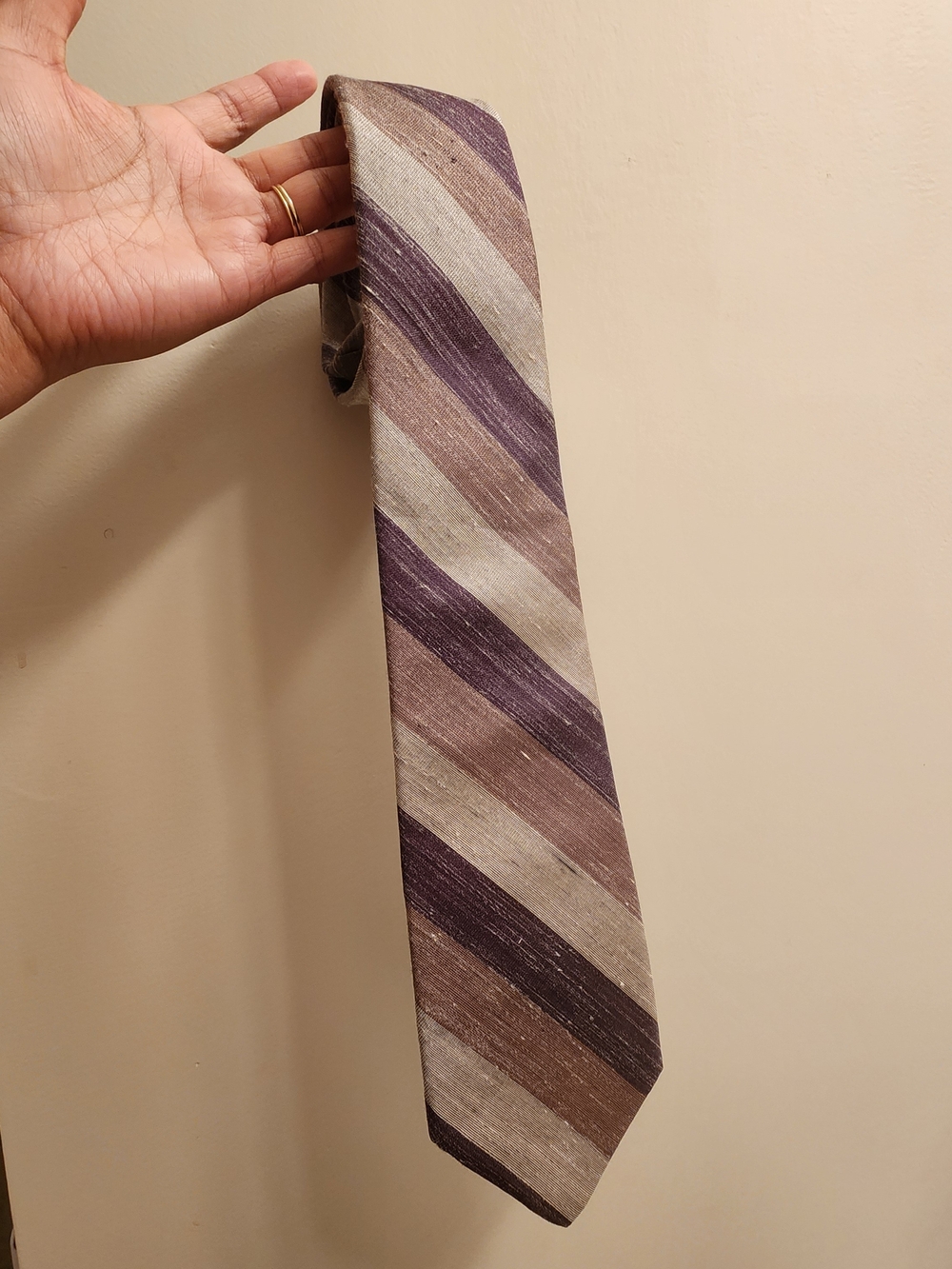 Vintage Oscar de la Renta Dark Violet, Brown and Cream Striped 80% Silk Tie
